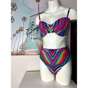 Trina Turk Rainbow Louvre High Waist Bikini Bottoms and Underwire Swim Top Large